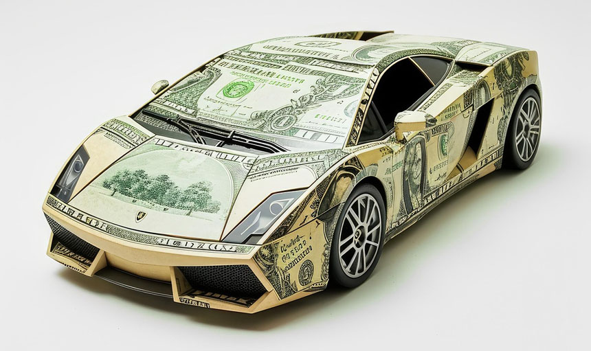 Vehicle financing — wallet with cash and red sports car symbolising auto loan decisions