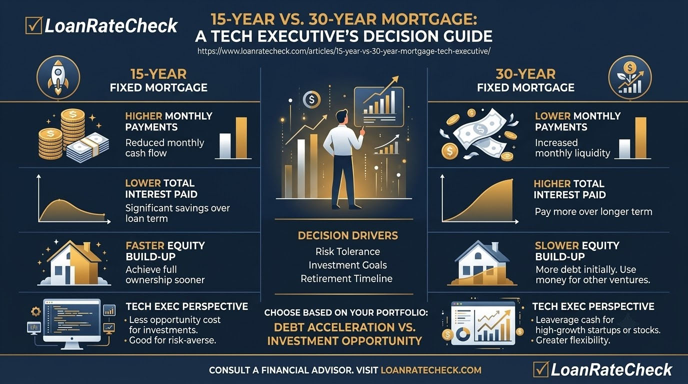 15 year mortgage vs 30 year mortgage infographic — rate difference, total interest paid, monthly payment gap, and forced savings comparison for tech executives