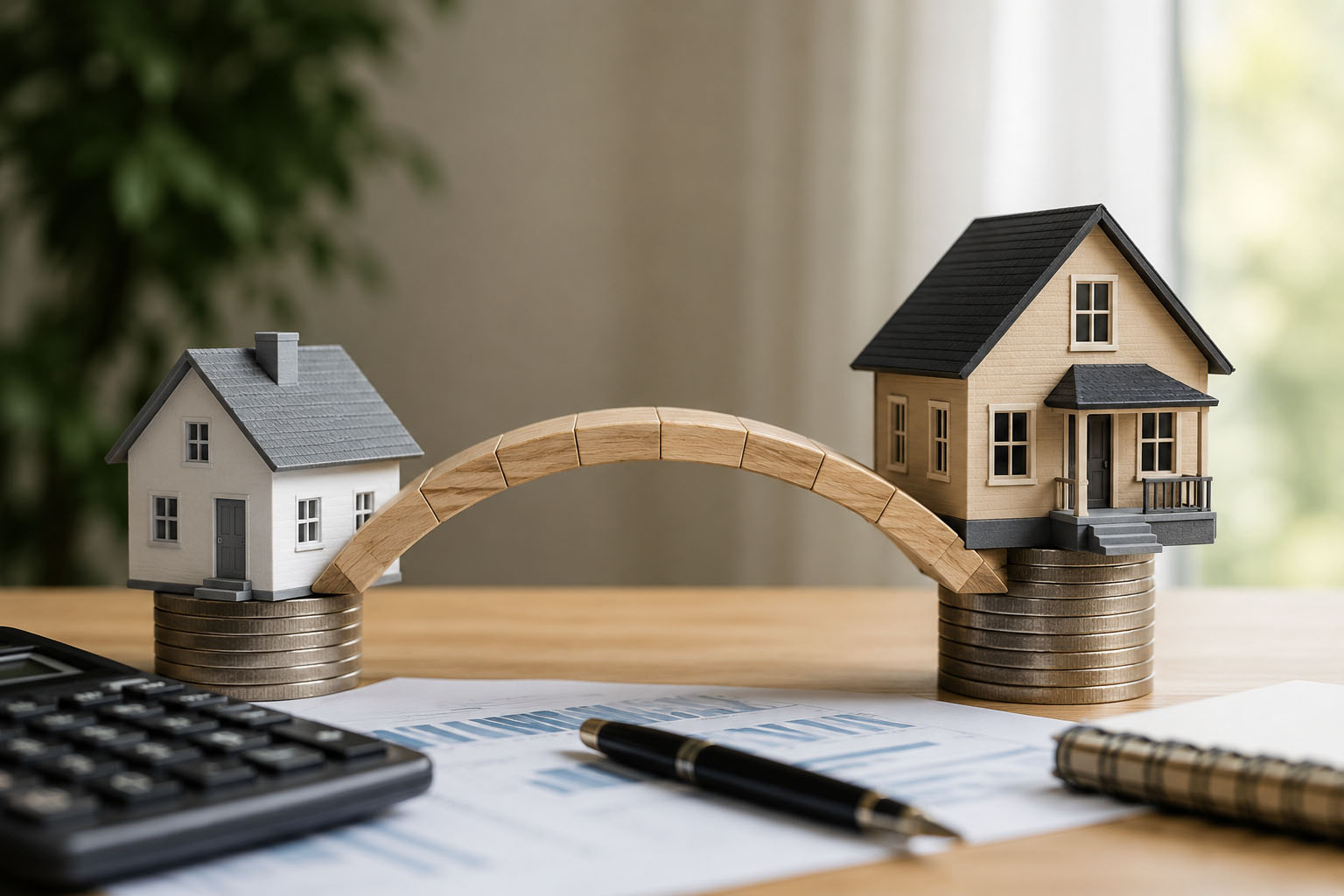 Couple reviewing a bridge loan mortgage offer to buy a new home before selling their current one
