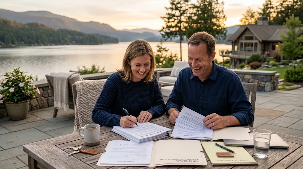Couple reviewing cross collateralization paperwork while buying a second home