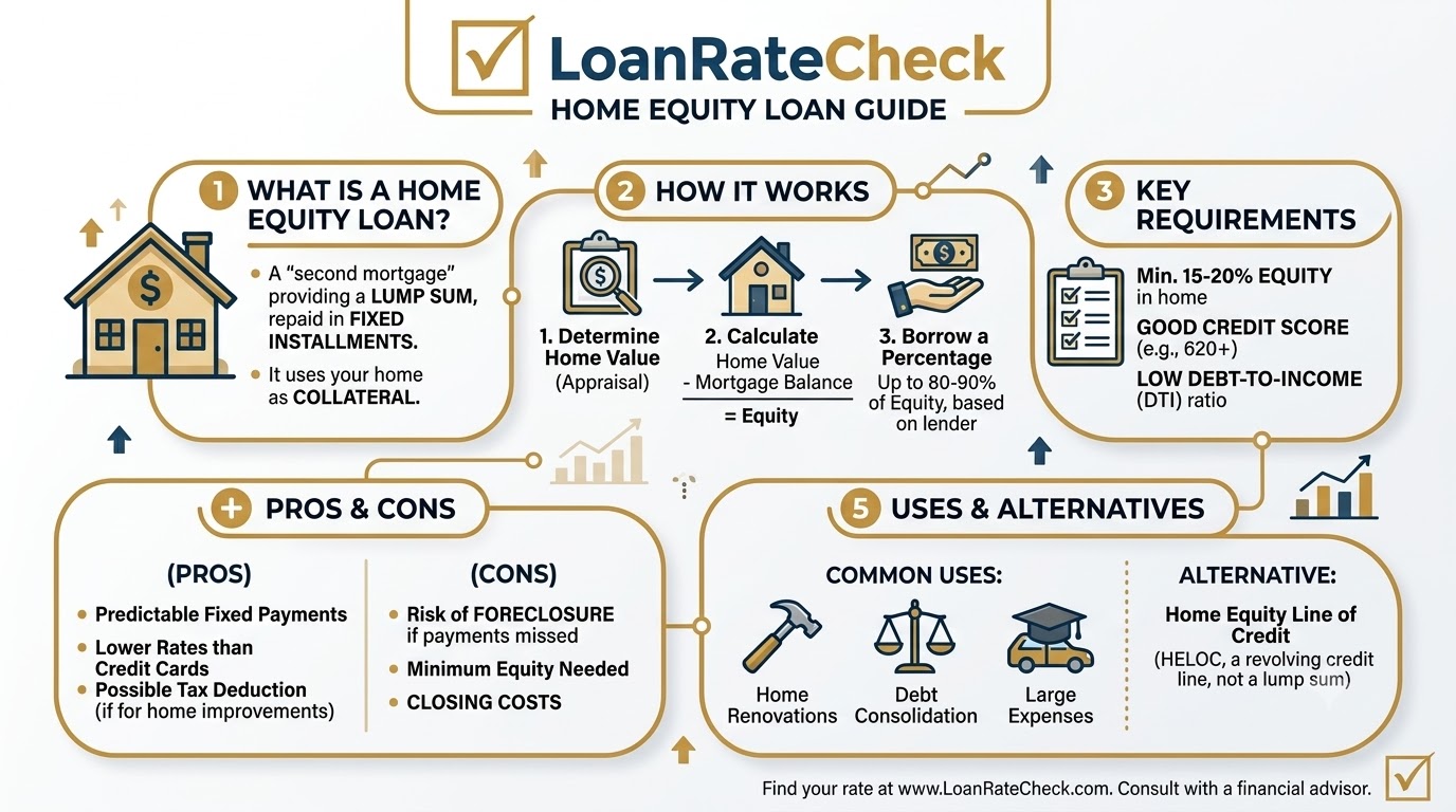 Home equity loan infographic — lump sum payout, fixed rate, home as collateral, and second lien position behind the primary mortgage