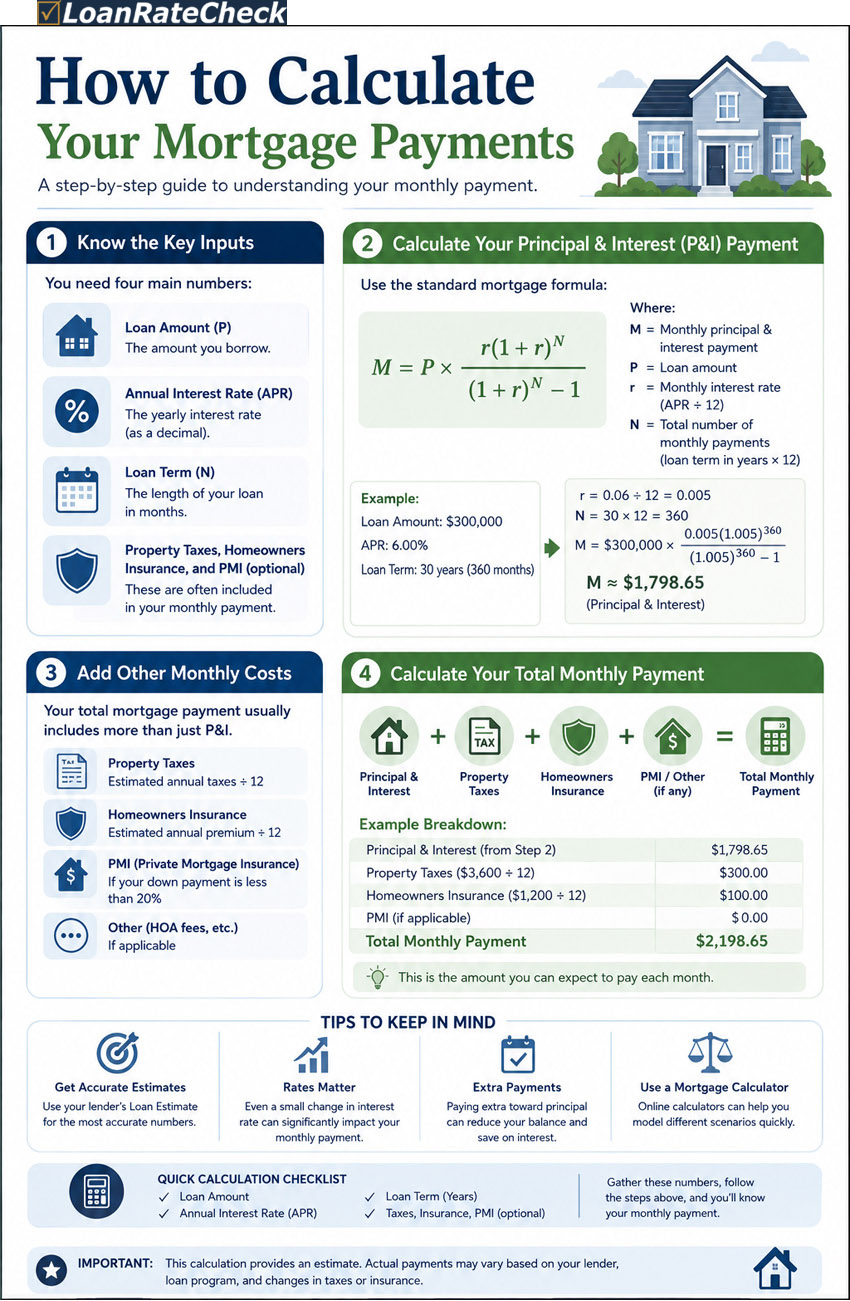 LoanRateCheck mortgage loan infographic — house loan steps: check rates, compare offers, save money, safe and secure, live confidently