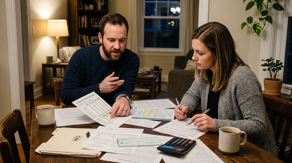 Homeowner comparing recast mortgage loan payment against refinance rates on a laptop