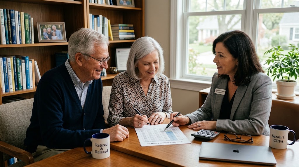 Couple reviewing a loan amortization schedule on an amortization calculator while planning a 22-year loan for retirement