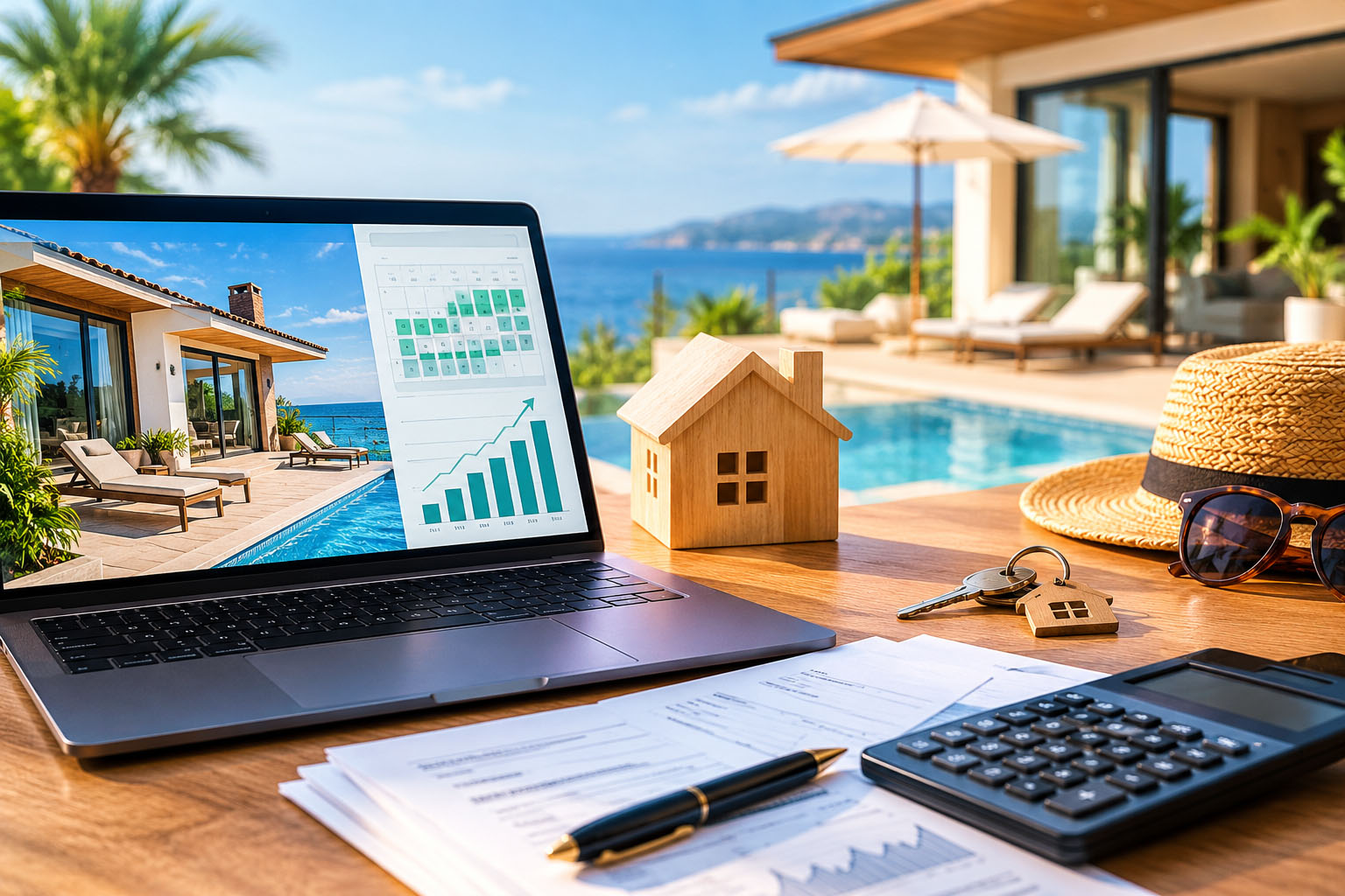 Airbnb host reviewing an interest only heloc calculator next to a renovated short-term rental