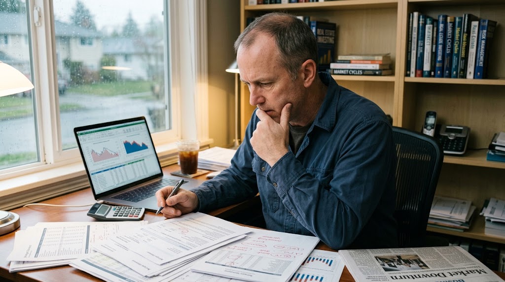 Homeowner reviewing an interest only loan statement during a housing market downturn