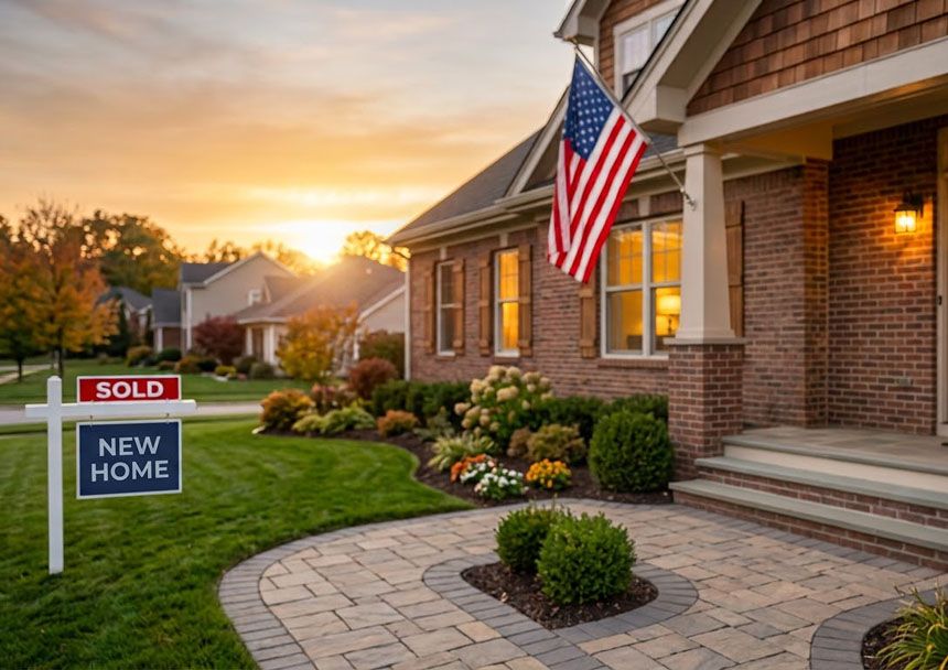 VA home loans for veterans — military veteran and family holding house keys in front of new home financed with a VA backed home loan