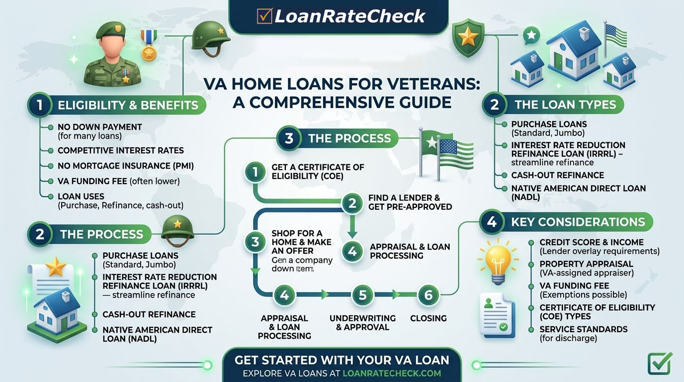 VA backed home loan benefits infographic — $0 down payment, no PMI, VA funding fee tiers, and 4% seller concession rule for veteran home loan lenders