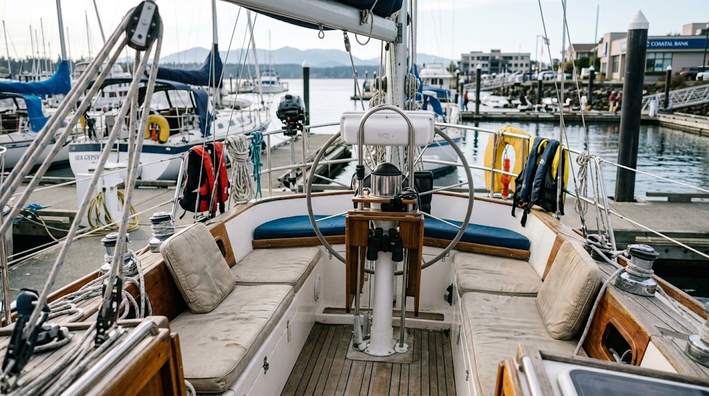 Sailboat docked at a marina where the owner lives aboard, illustrating a liveaboard boat loan and boat loan rates
