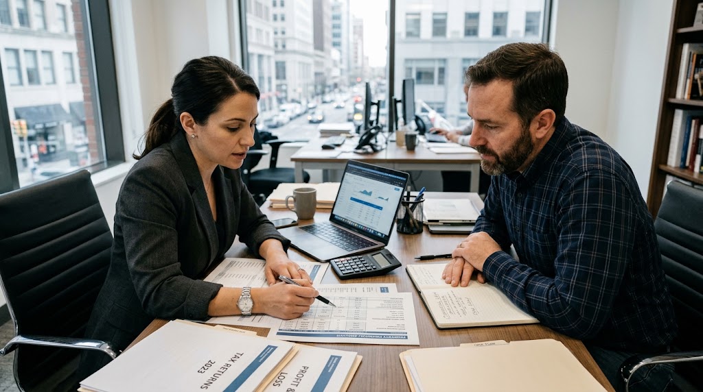 Business owner reviewing a dscr loan coverage ratio report beside a commercial building