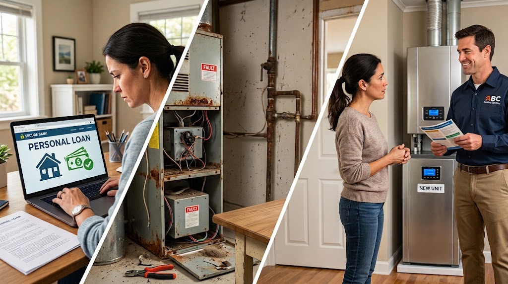 Homeowner comparing hvac financing options on a tablet next to a new AC unit
