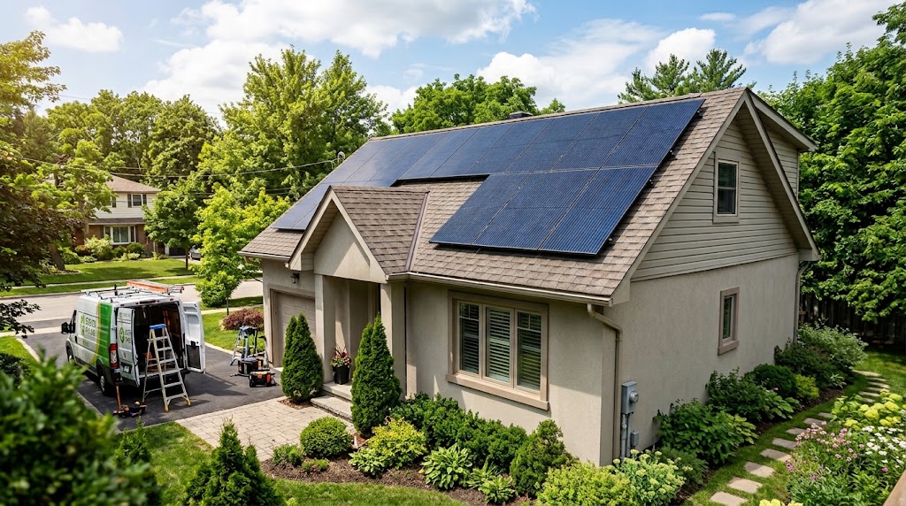 Homeowner reviewing green loan paperwork next to a house with rooftop solar panels