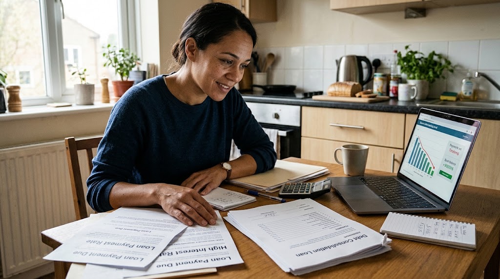 Person reviewing bills and a payday cash loan statement while planning debt consolidation