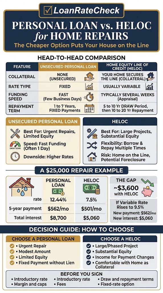 Infographic comparing unsecured loan debt with home equity line of credit lenders on collateral, rate type, speed, and repayment term