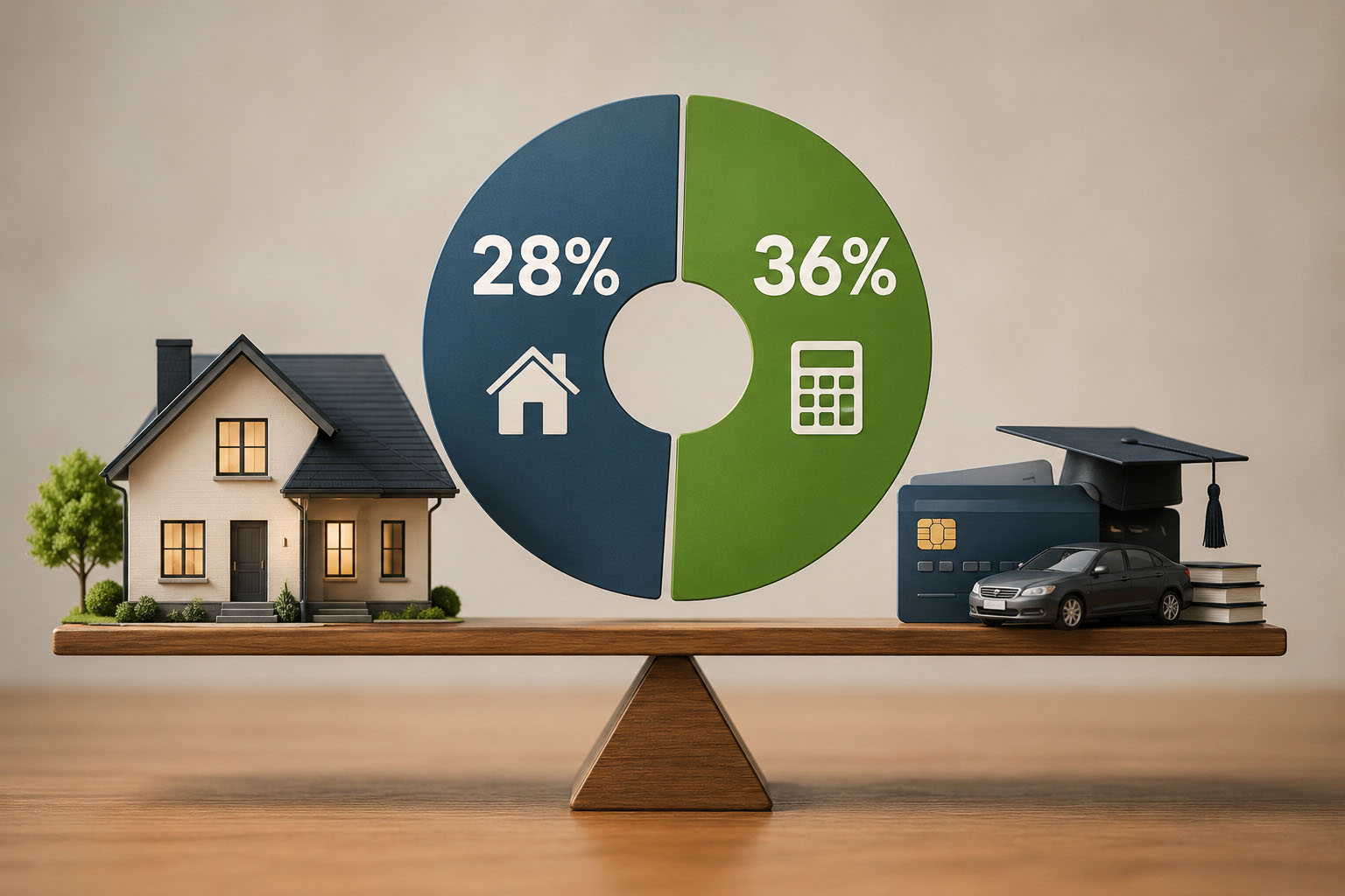 28/36 rule chart showing housing and total debt-to-income limits for a mortgage