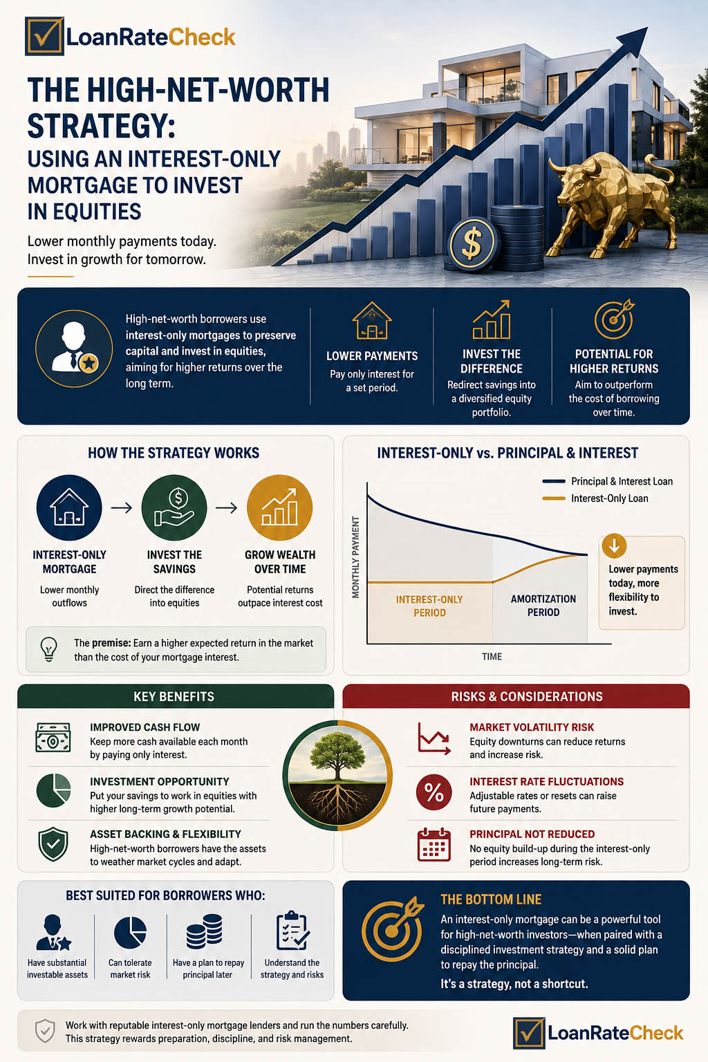 Infographic comparing an interest only loan payment against a fully amortizing mortgage payment