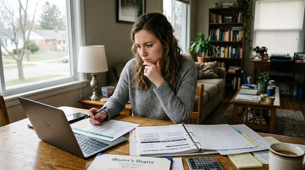 Graduate reviewing a statement while repaying student loans after a master's degree